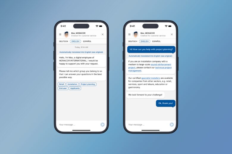 Referenzgeschichte: MONACOR INTERNATIONAL und assono KI-Chatbot: Spracheinstellungen des Chatbot passen sich den Spracheinstellungen der Webseite an